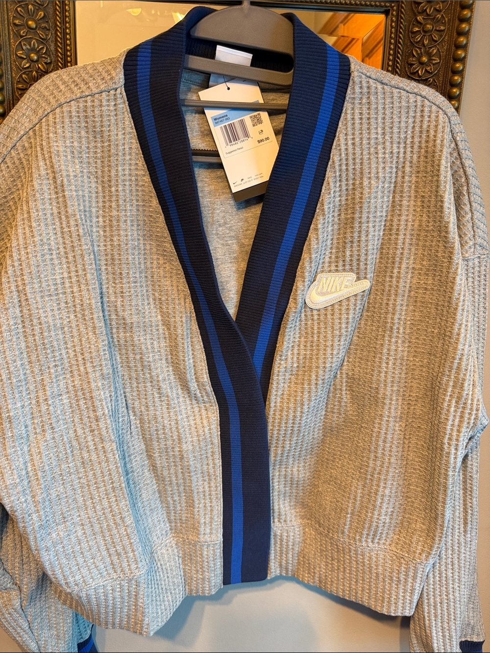 Nike woman’s Gray Waffle-Knit Cardigan with Navy & Blue Trim
